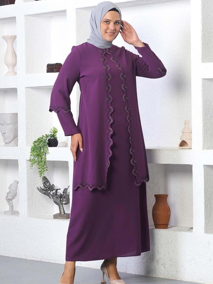 Mec Fashion Mürdüm Büyük Beden İşlemeli Abiye Elbise