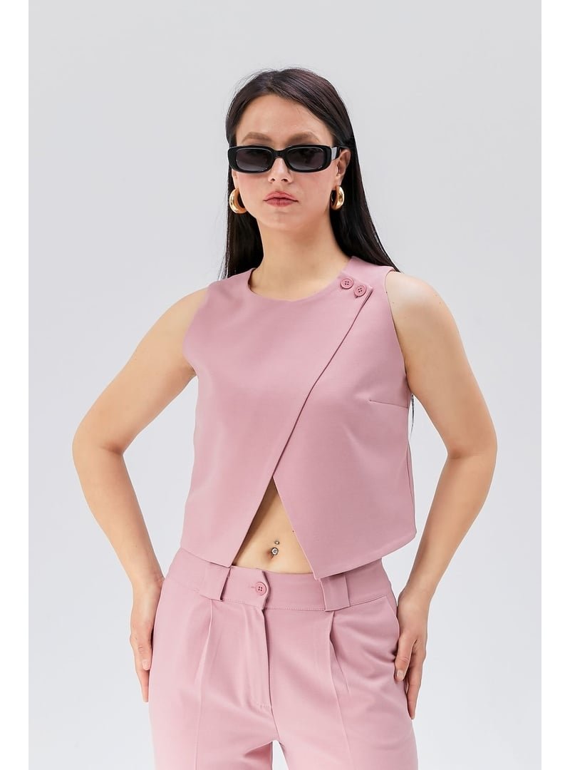 Bolivente Pembe Regular Astarlı Omuzdan Düğmeli Yelek