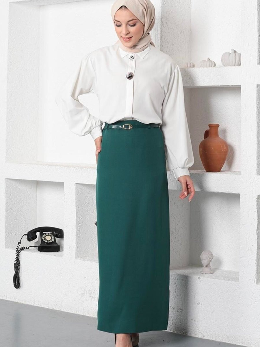 Mec Fashion Zümrüt Yeşil Uzun Kemerli Kalem Etek