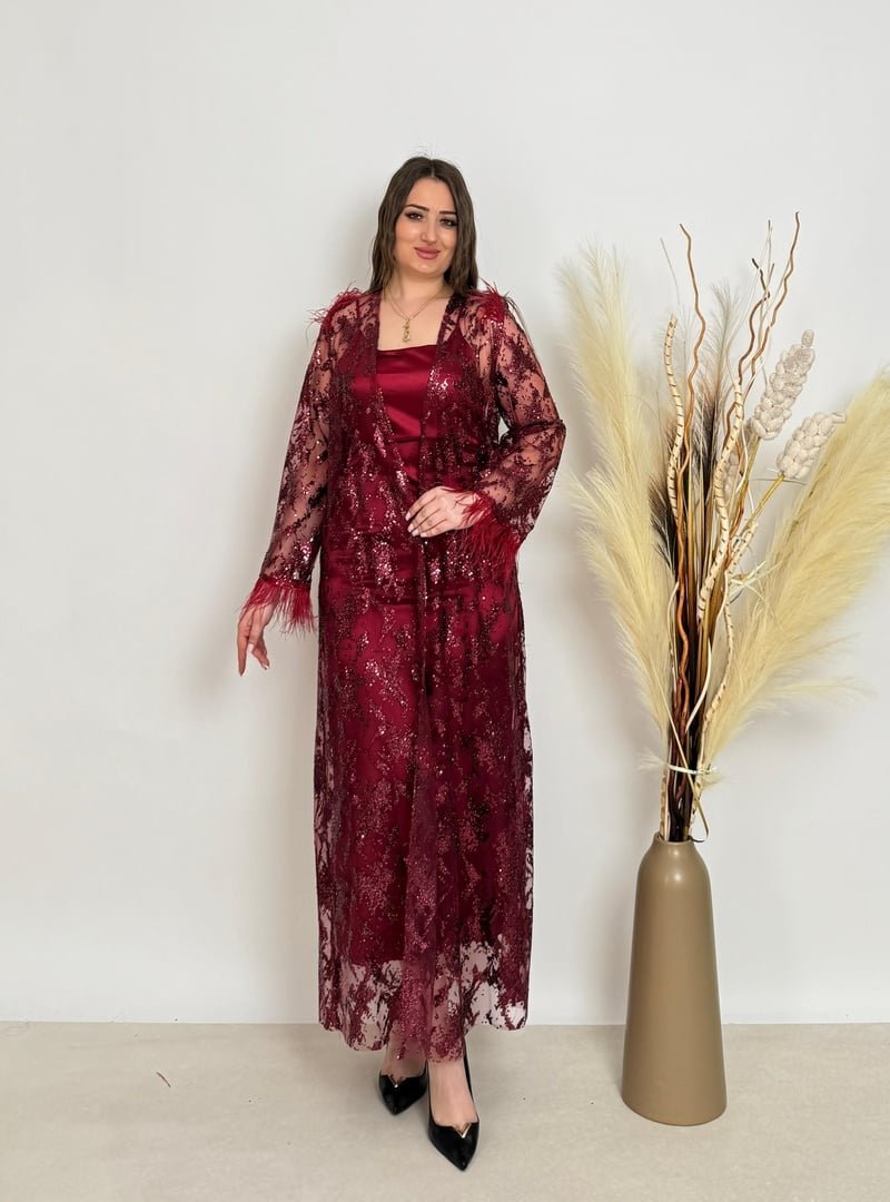 De White`s Bordo Kadın Kimono Ve Elbiseli Abiye Li Takım