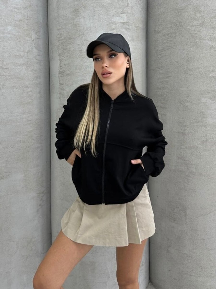 İLKCET MODA Siyah Modal Kumaş Fermuarlı Bomber Sweatshirt