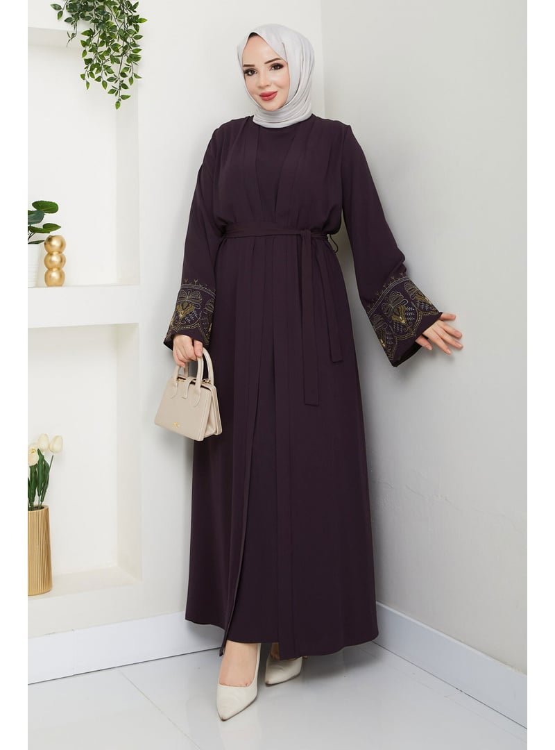 Tesettür Dünyası Mürdüm Nakışlı İç Elbiseli Abaya Takım