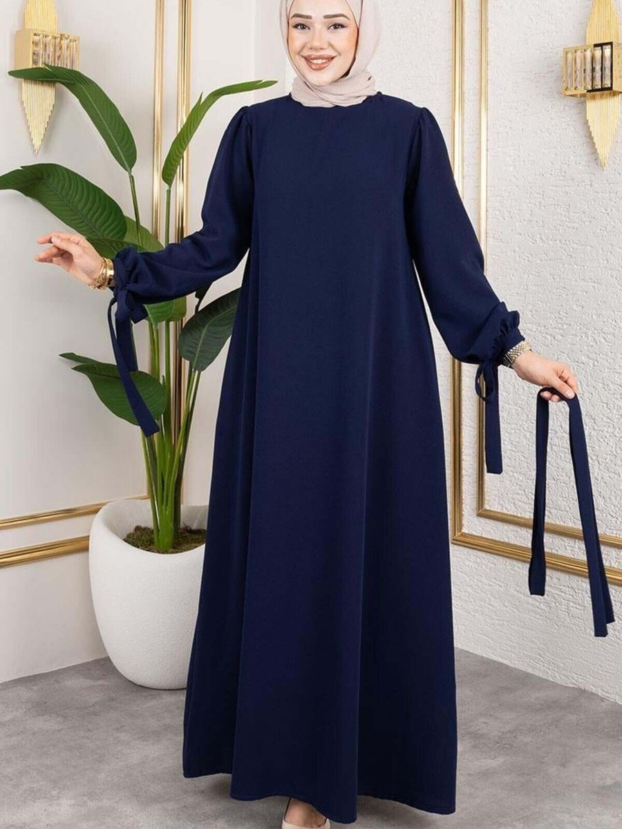 Mec Fashion Lacivert Manşeti Bağcıklı Elbise
