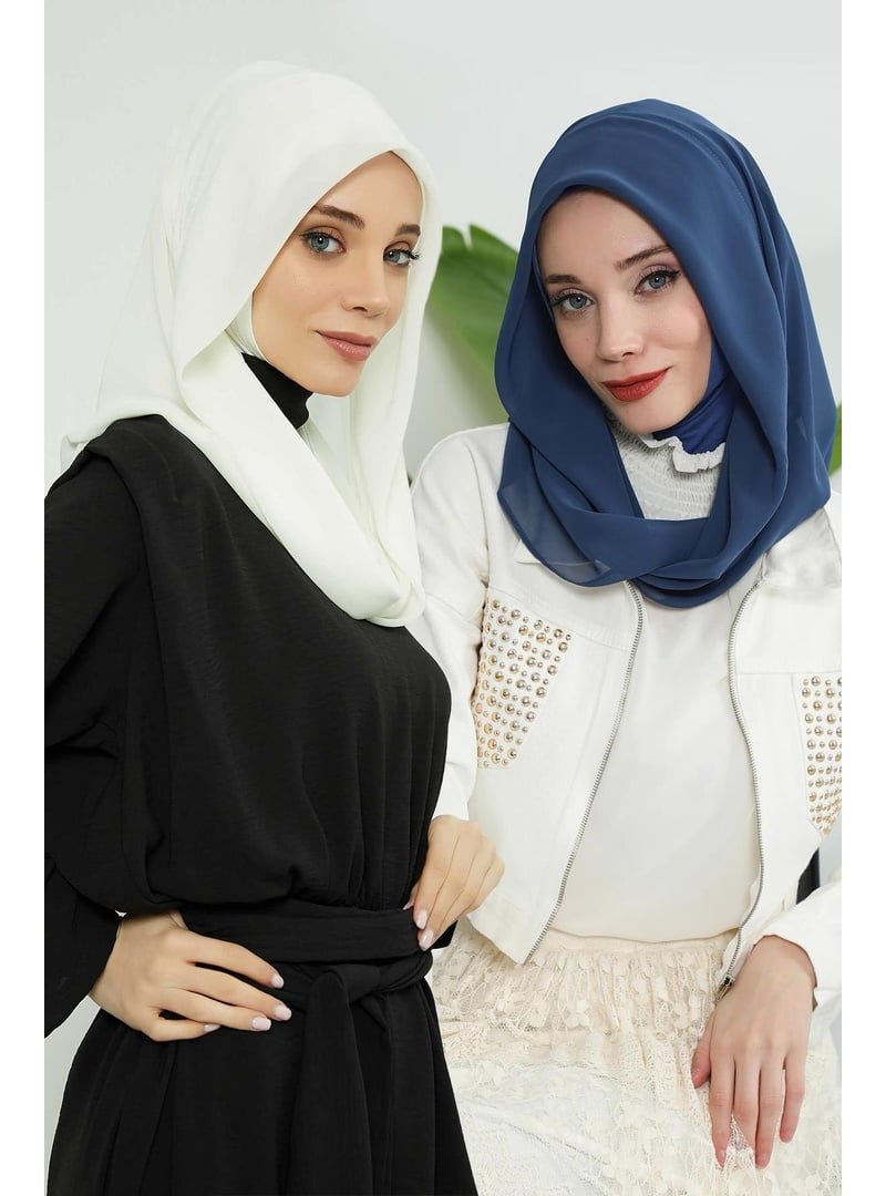 Aisha`s Design Koyu Mavi 2'li Set Penye İç Boneli Şifon Şal,ps 45set Krem
