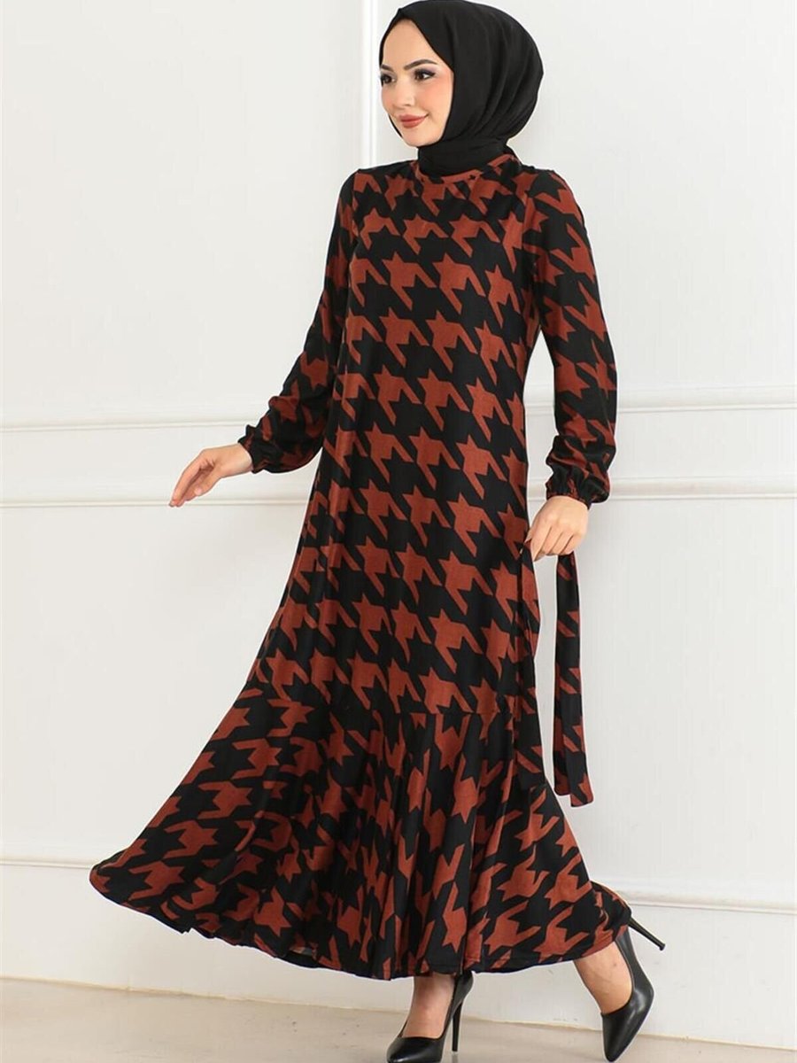 Mec Fashion Taba Eteği Volanlı Desenli Elbise