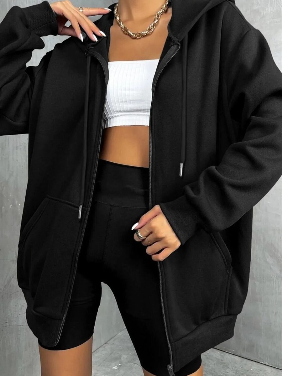 Swana Siyah Kapüşonlu Fermuarlı Üç İplik Polar Oversize Salaş Sweatshirt