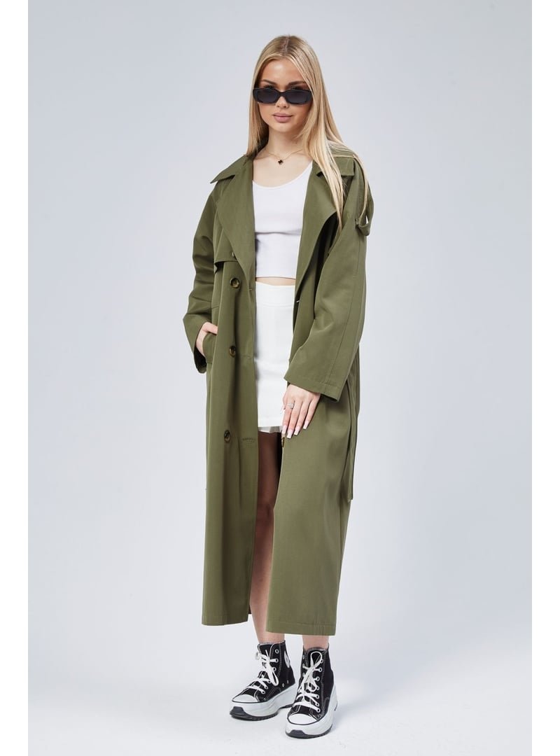 Bolivente Oversize Astarlı Uzun Trençkot Haki