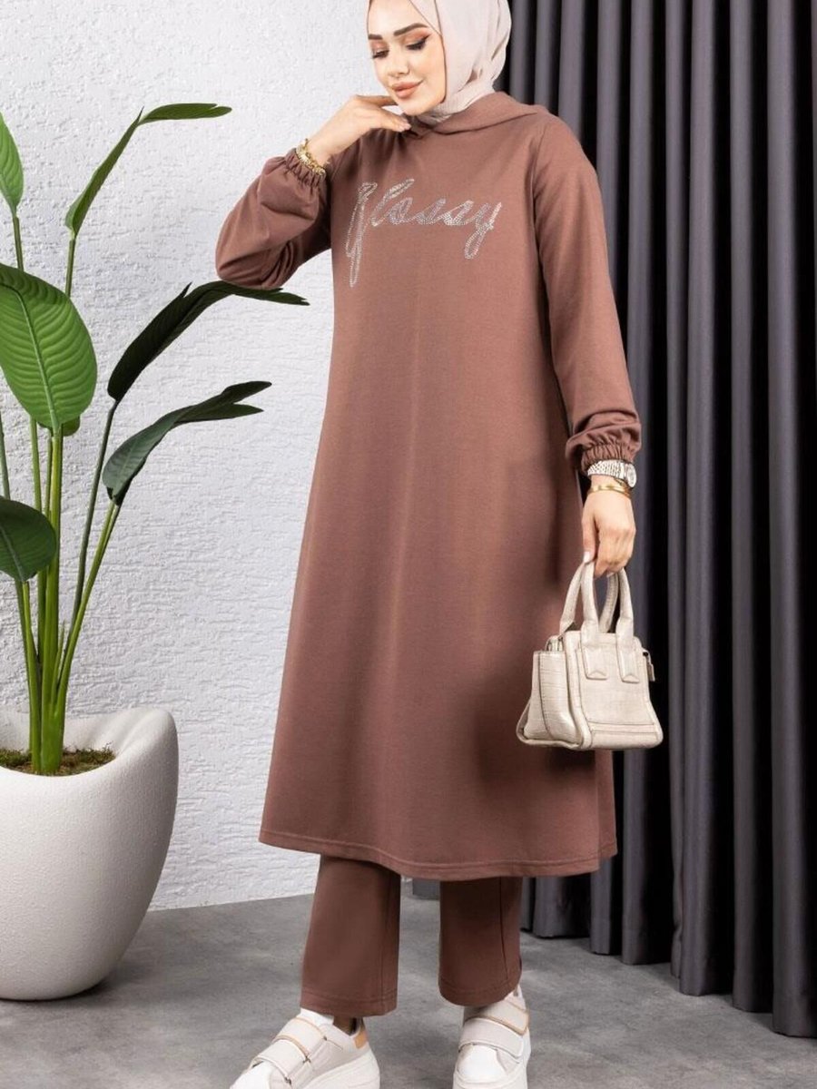Mec Fashion Kahverengi Taşlı Spor İkili Takım