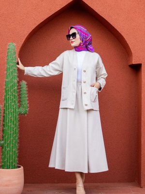 Swana Krem Hırka Etek Modal Dalgıç İkili Takım