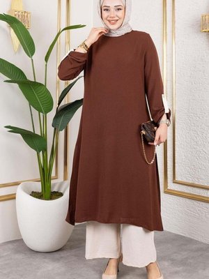 Mec Fashion Kahverengi Kolları Katlamalı Aerobin İkili Takım