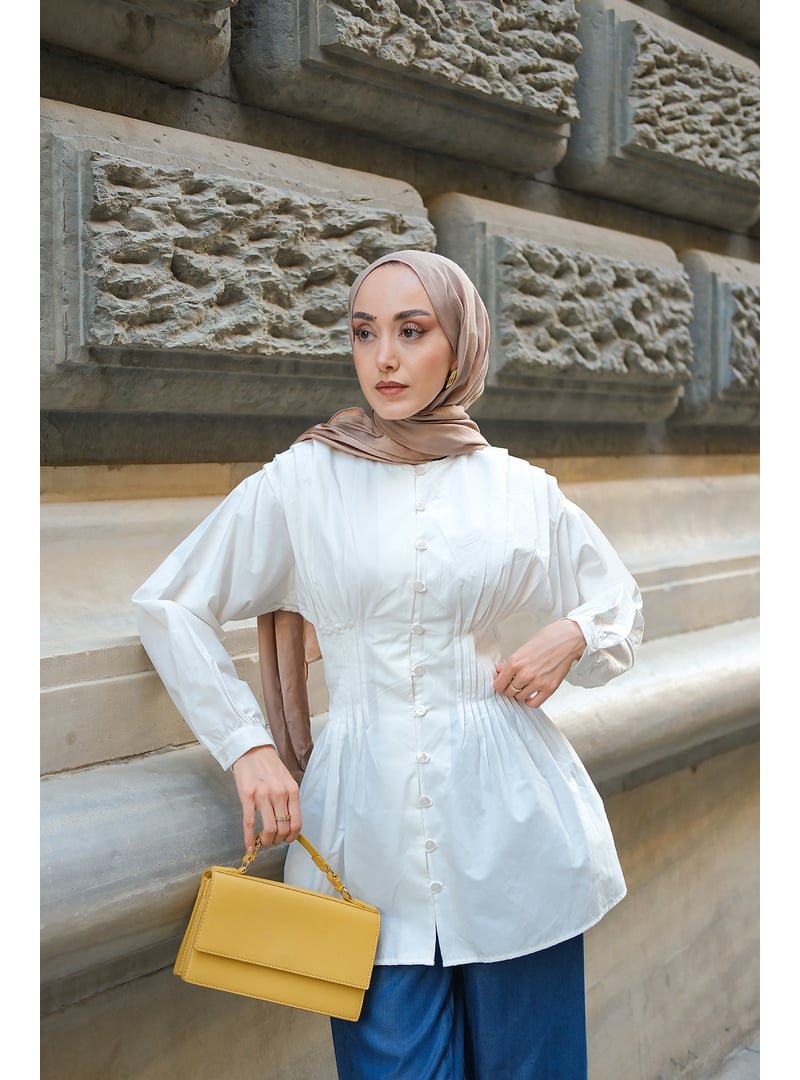 Locco Moda Beyaz Beli Nervurlu Poplin Gömlek