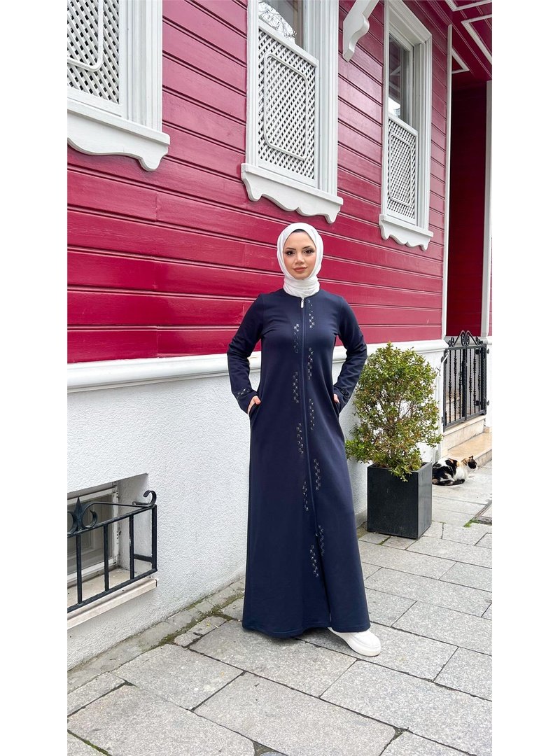 Bwest Lacivert O Yaka Fermuarlı Yan Cepli Pamuklu Uzun Ferace
