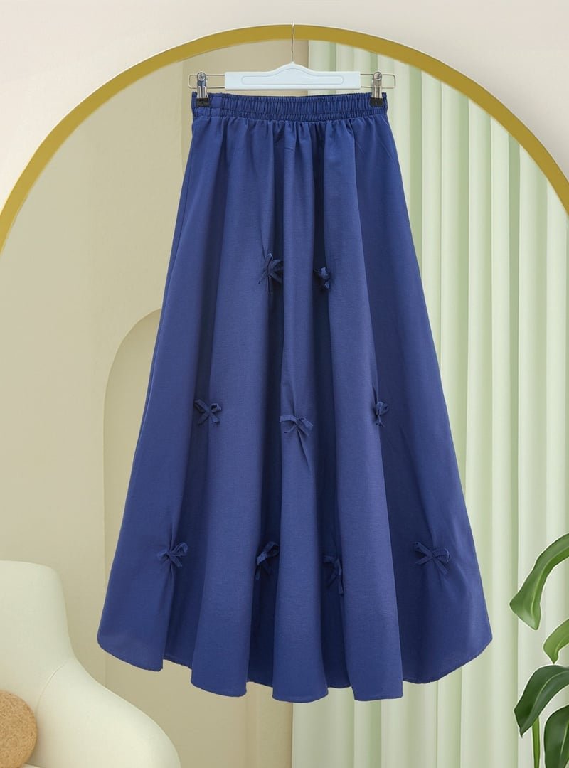 Podyumplus İndigo Beli Lastikli Fiyonk Detaylı Poplin Etek