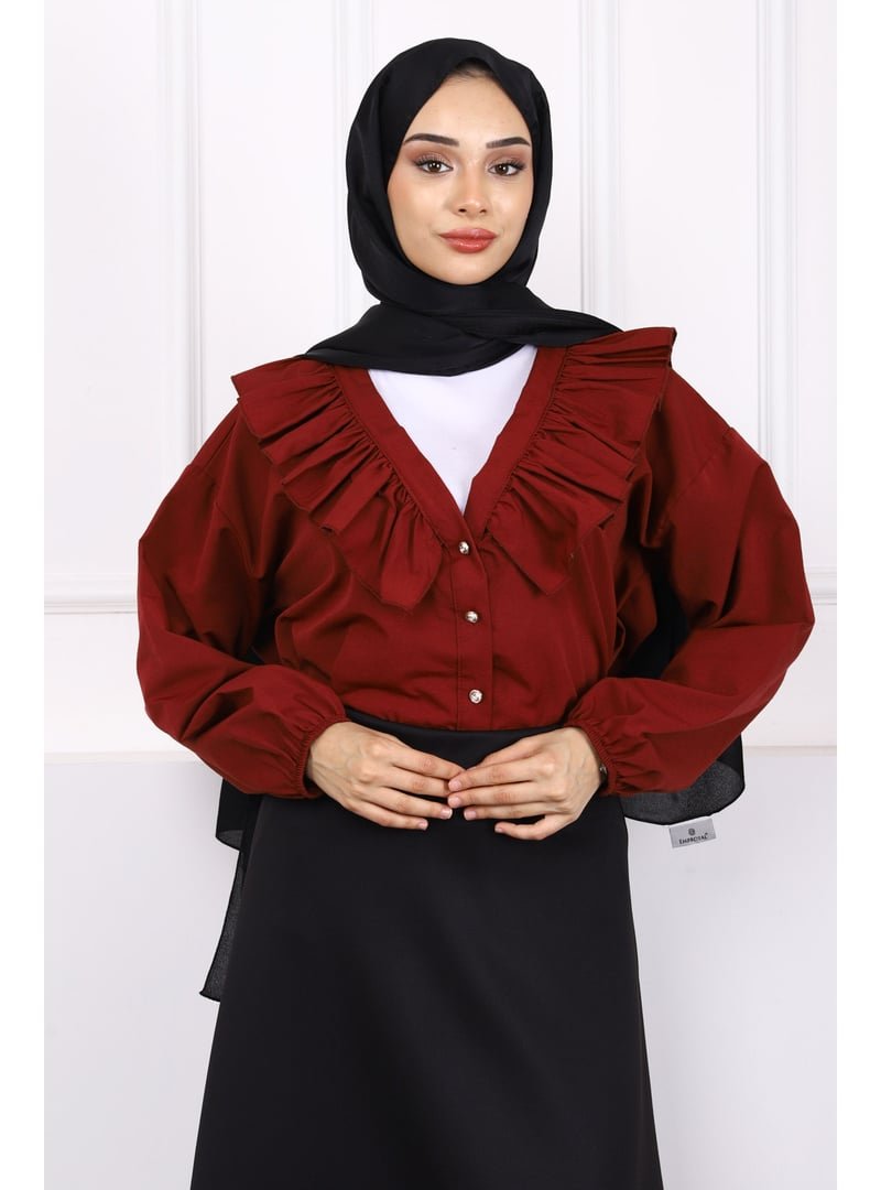 İmaj Butik Bordo Yaka Fırfırlı Düğmeli Gömlek