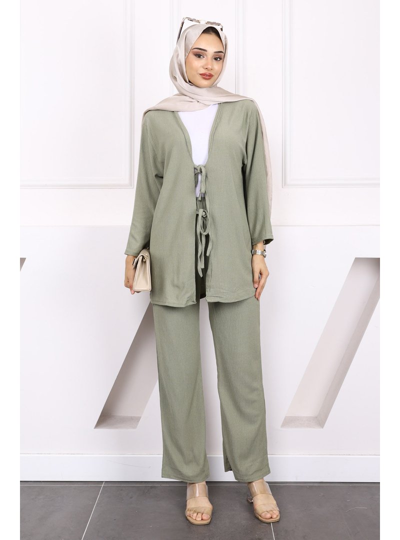 İmaj Butik Çağla Ön Bağlamalı Bürümcük Kimono Pantolonlu Takım