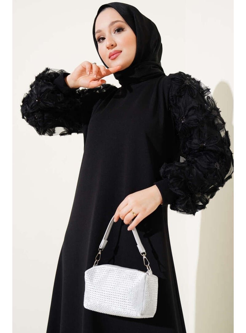 Volt Clothing Siyah Çiçekli Tül Kollu Elbise