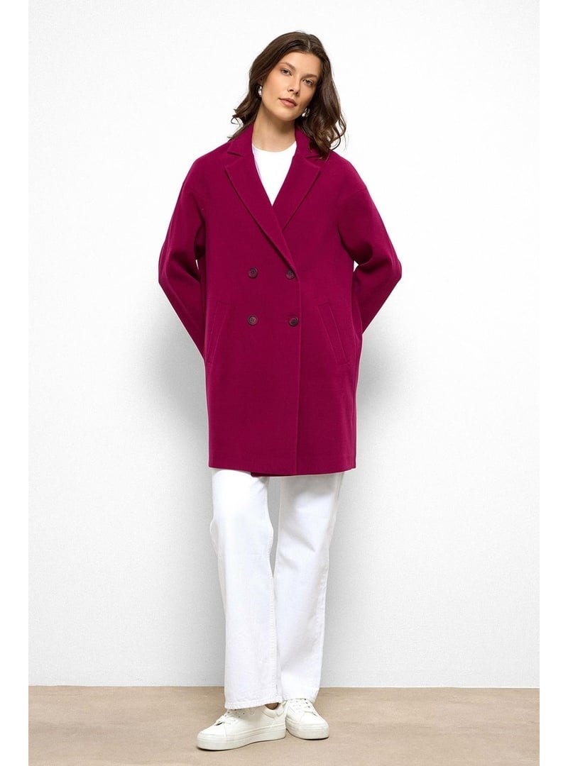 Olcay Fuşya Desenli Astarlı Oversize Kruvaze kaban
