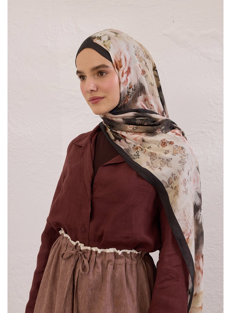 FRESHSCARFS Siyah Vıntage Rose Desen Rami Şal