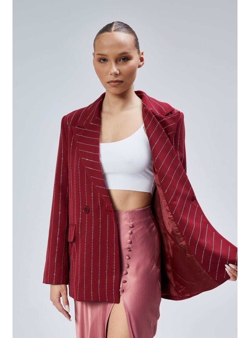 Bolivente Bordo Taş İşlemeli Regular Vatkalı Blazer Ceket