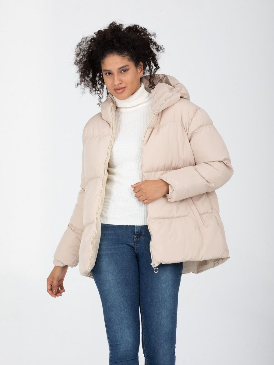 İLKCET MODA Krem Kapüşonlu Regular Şişme Mont