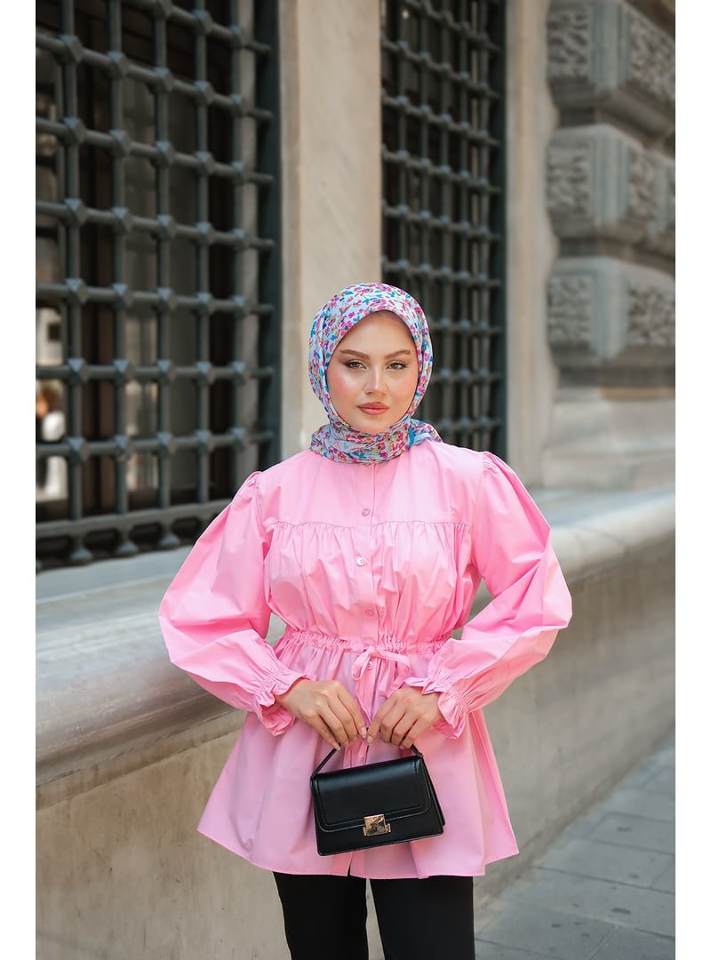 Locco Moda Pembe Robadan Büzgü Detaylı Balon Kol Gömlek