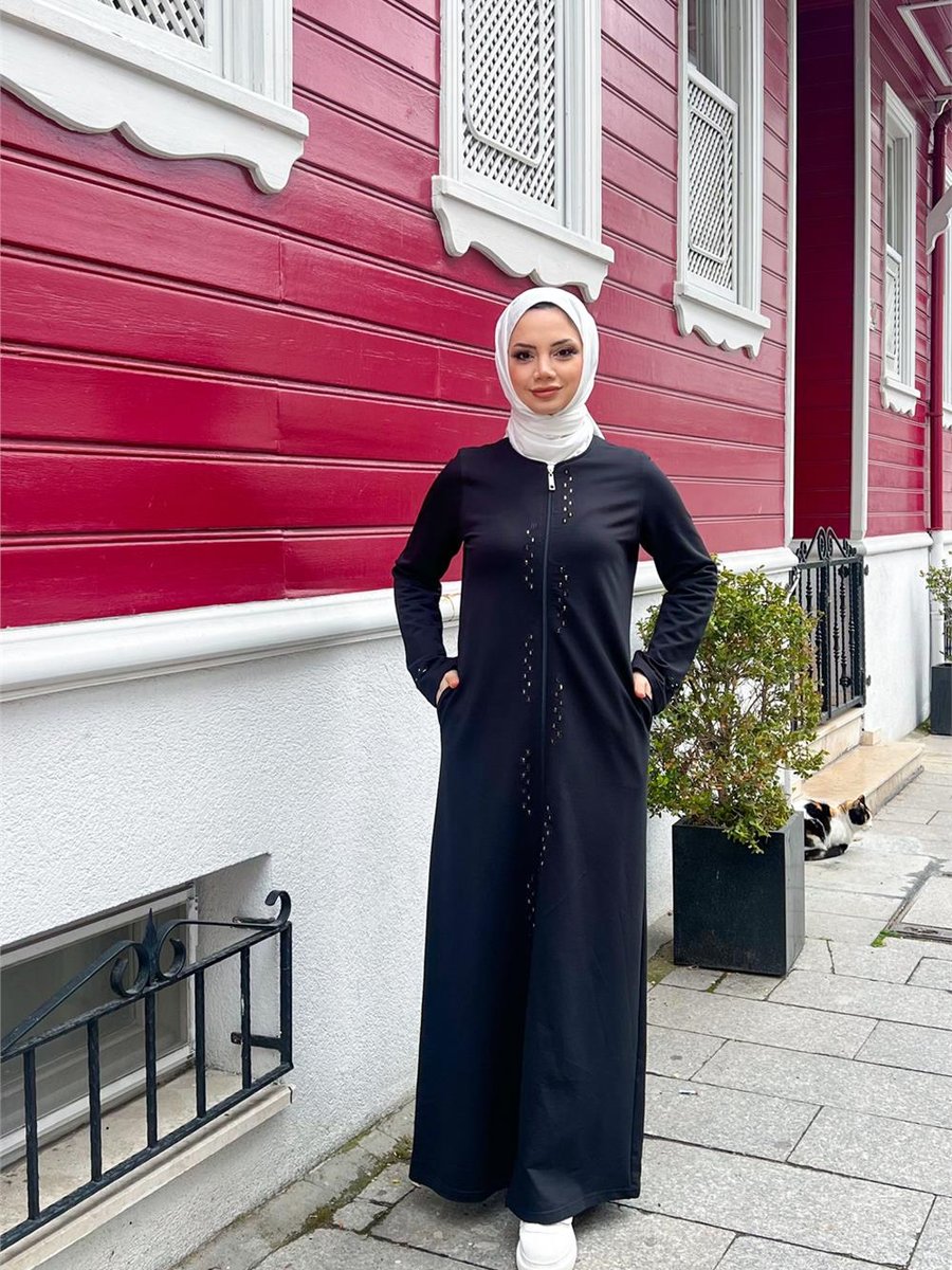 Bwest Siyah O Yaka Fermuarlı Yan Cepli Pamuklu Uzun Ferace