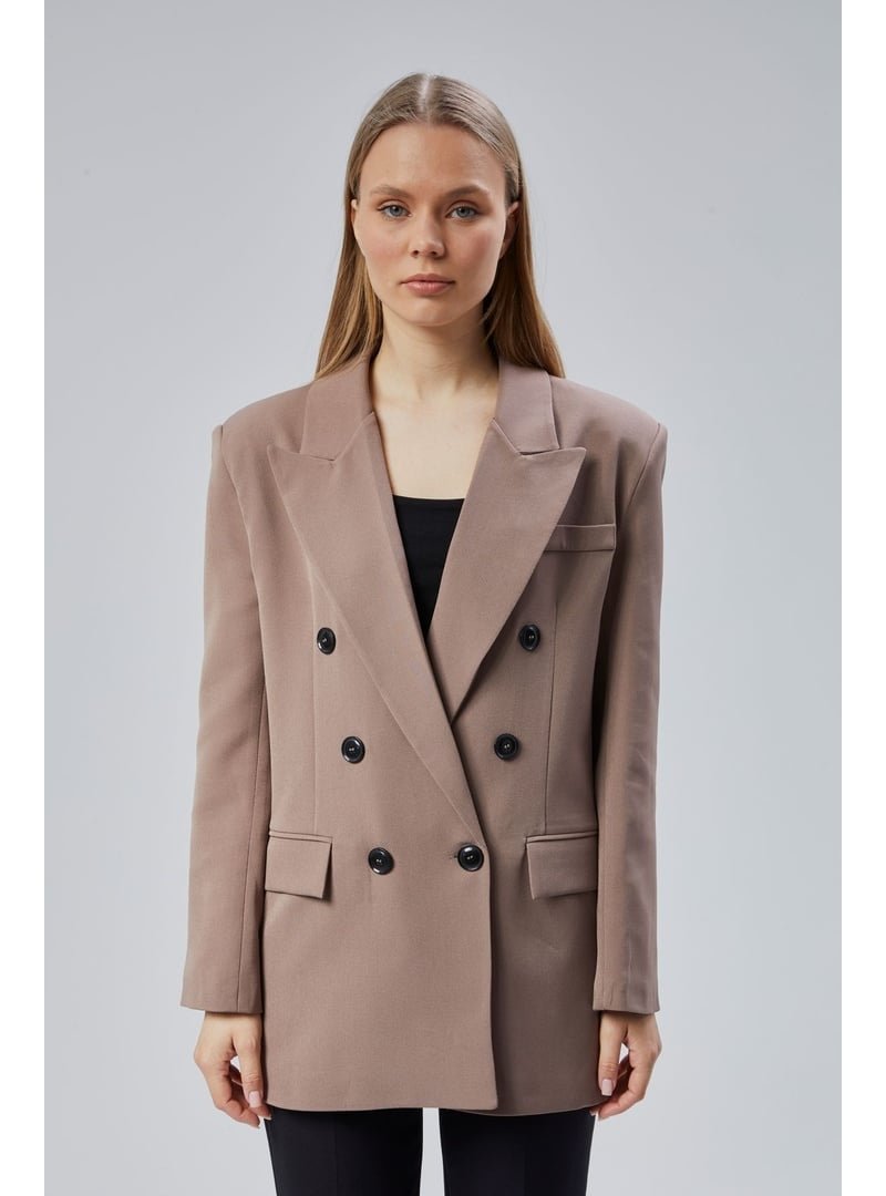 Bolivente Rengi Oversize Kruvaze Yaka Astarlı Blazer Ceket Toprak