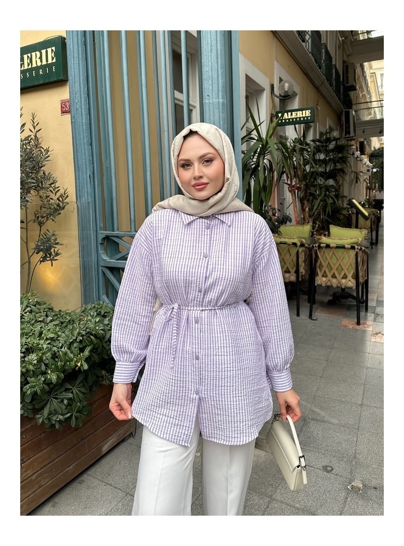 Volt Clothing Mor Çizgili Bel Bağlamalı Gömlek