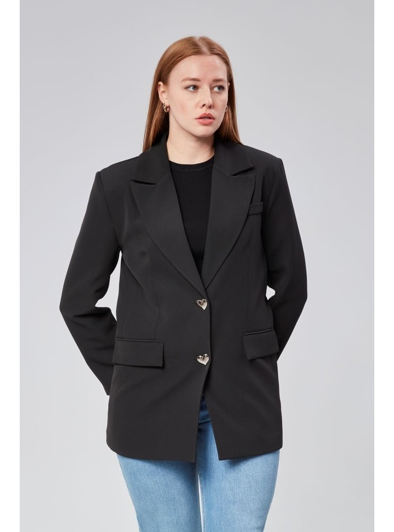 Bolivente Siyah Regular Düğme Detaylı Astarlı Blazer Ceket