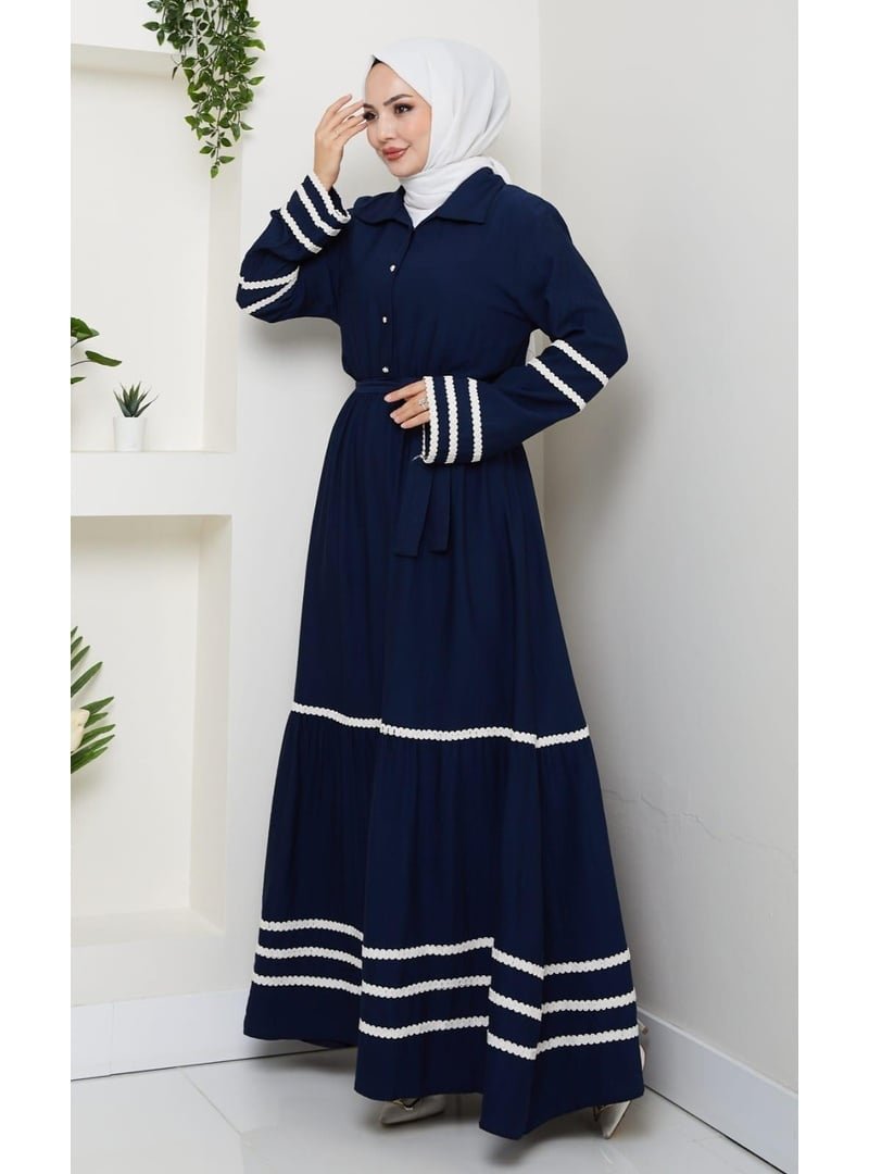 Harmatime butik Çilek Kumaş Şerit Detaylı Kuşaklı Lacivert Elbise