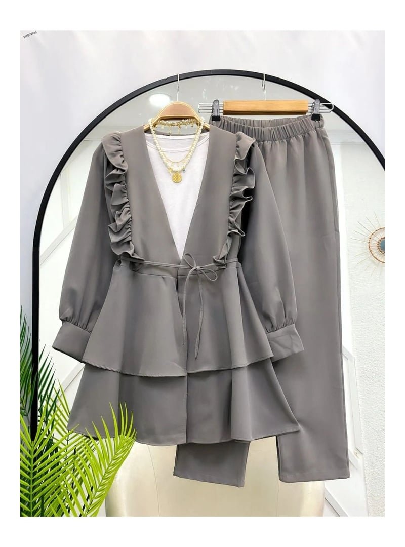 Volt Clothing Gri Nilüfer Fırfırlı Klasik İkili Takım