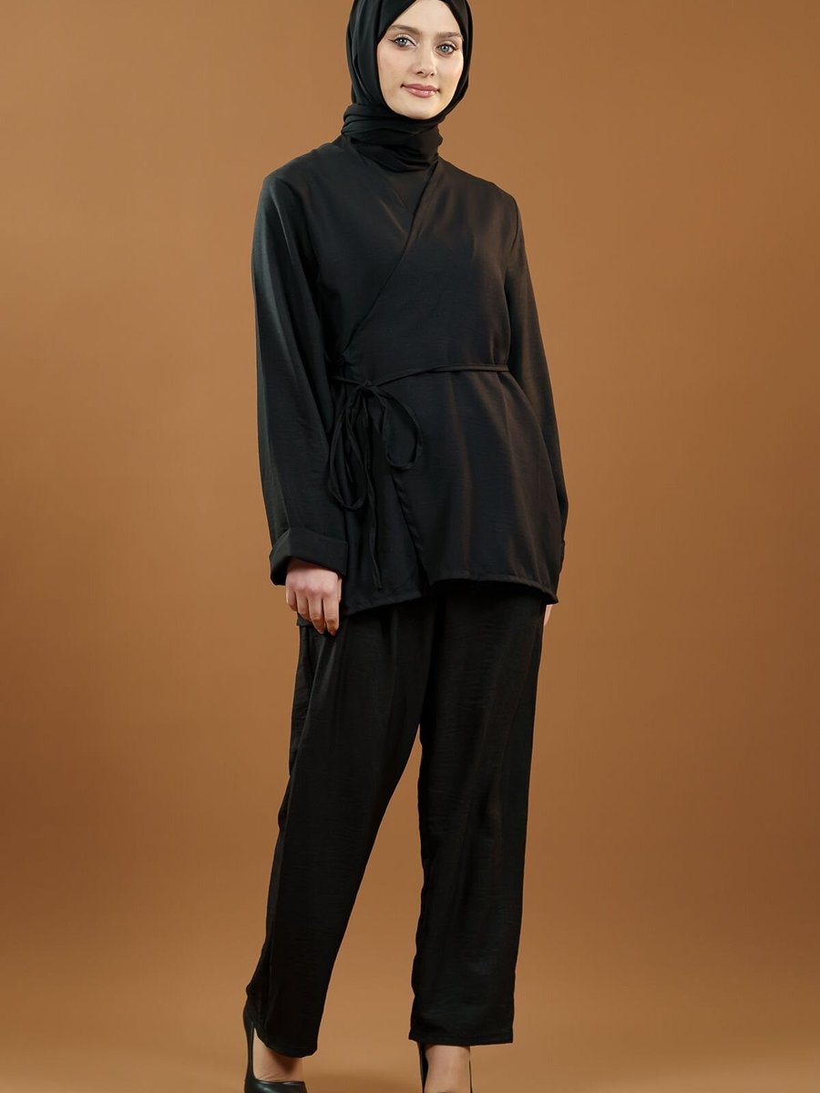 Mec Fashion Siyah Bağlamalı Kimono İkili Takım