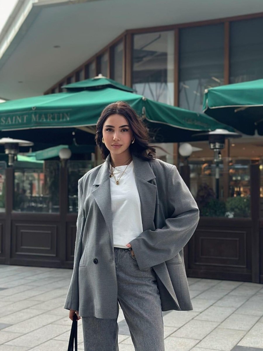 Özer&Hermin Gri Poliviskon Oversize Ceket
