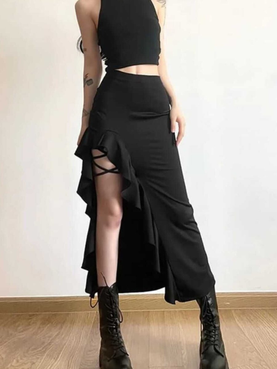 Charango Siyah Uzun Etnik Volanlı Tek Bacak Yırtmaçlı Balık Model Fırfırlı Maksi Gotik Tarz Etek