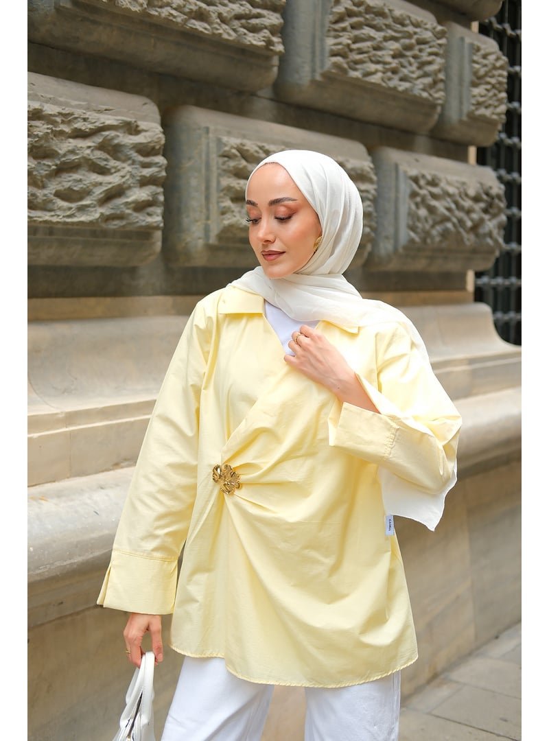 Locco Moda Sarı Broş Detay Poplin Gömlek