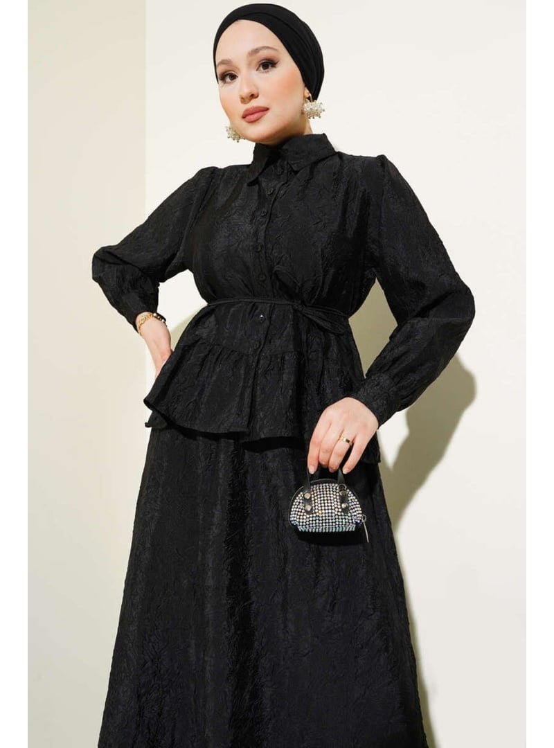 Volt Clothing Siyah Kırışık Dokulu Kuşaklı Etekli Takım