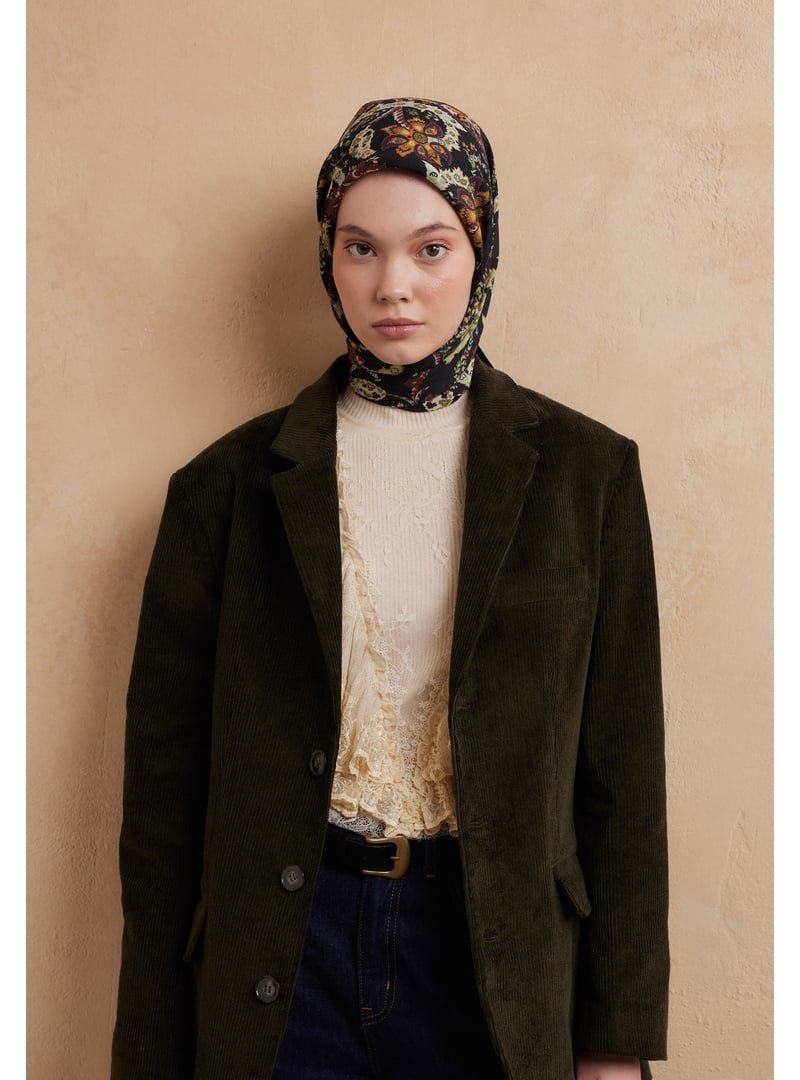 FRESHSCARFS Siyah Enya Desen Pamuk İpek Eşarp