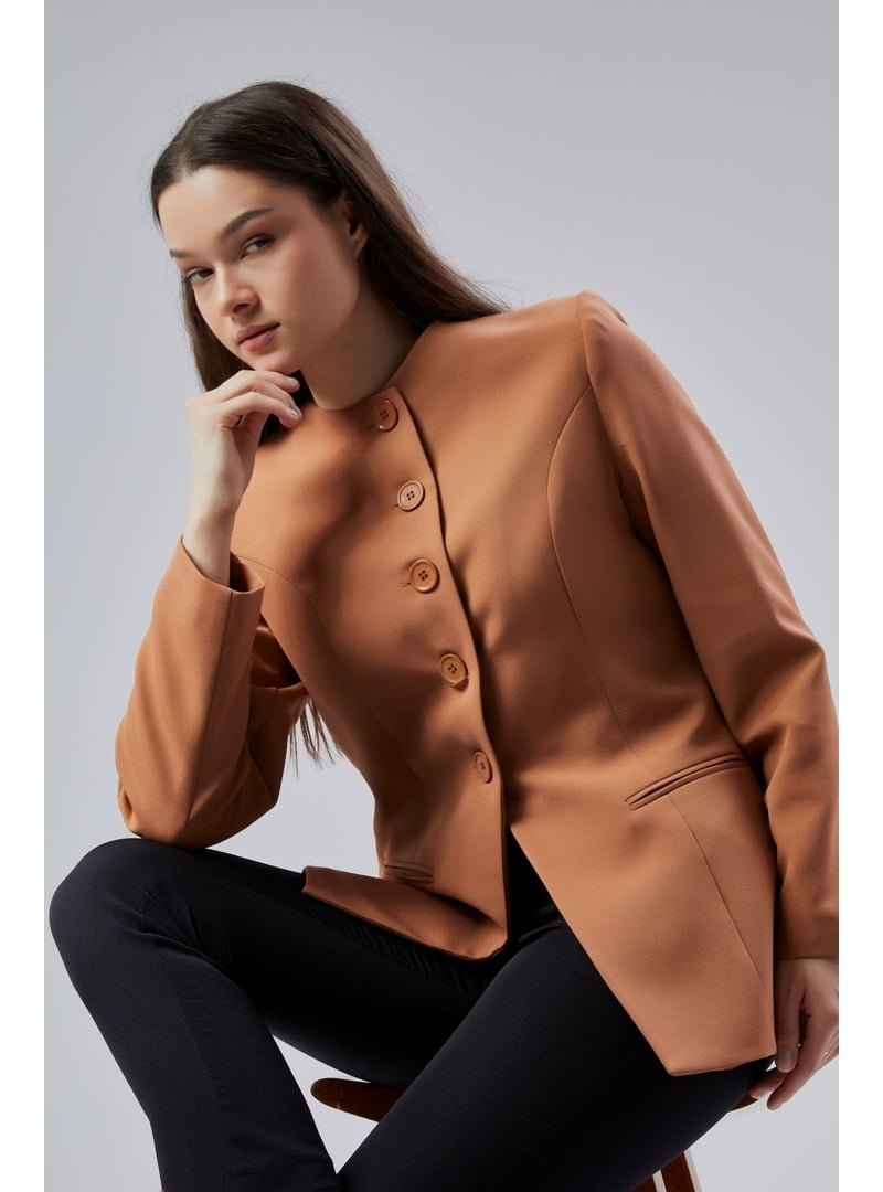 Bolivente Camel Bisiklet Yaka Regular Dokuma Ceket