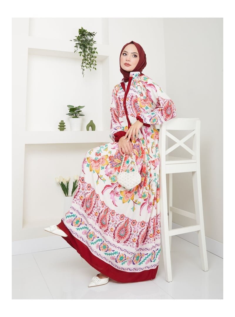 Volt Clothing Kırmızı Çok Renkli Etnik Desenli Elbise