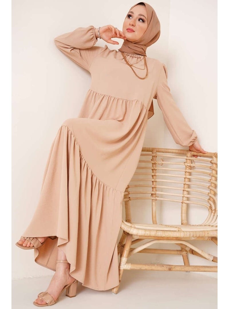 Volt Clothing Bej Yakası Büzgü Detaylı Ayrobin Elbise