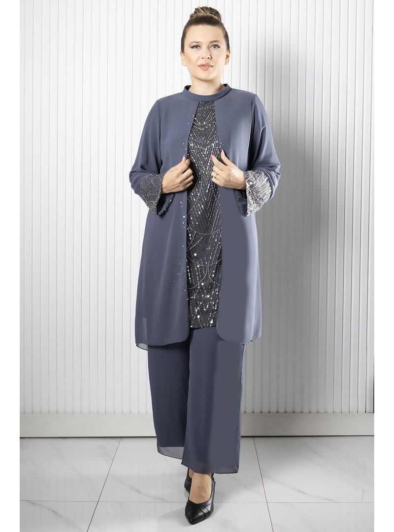 MFA Moda Gri Taş Payet İşlemeli Şifon Pantolon Tunik Takım