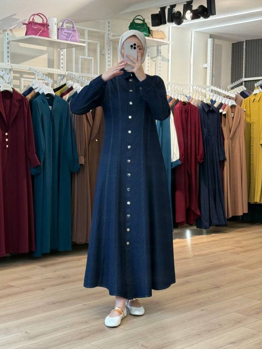 OlaLady Lacivert Boydan Dikiş Detaylı Deri Kemerli Denim Kot Elbise
