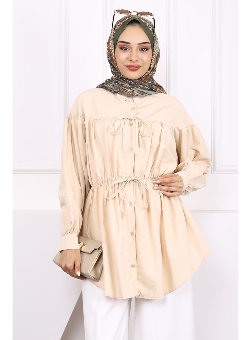İmaj Butik Bej Bel Lastikli Düğmeli Tunik
