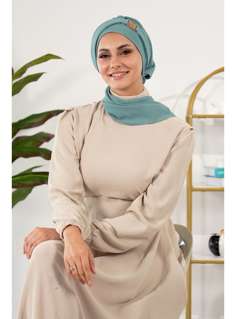 Aisha`s Design 11a Mint Yeşili Gold Aksesuarlı Aerobin Kumaş Hazır Türban,ht