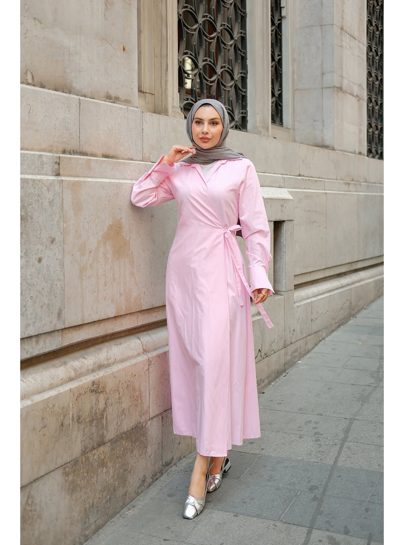 Locco Moda Pembe Poplin Yan Bağlamalı Elbise