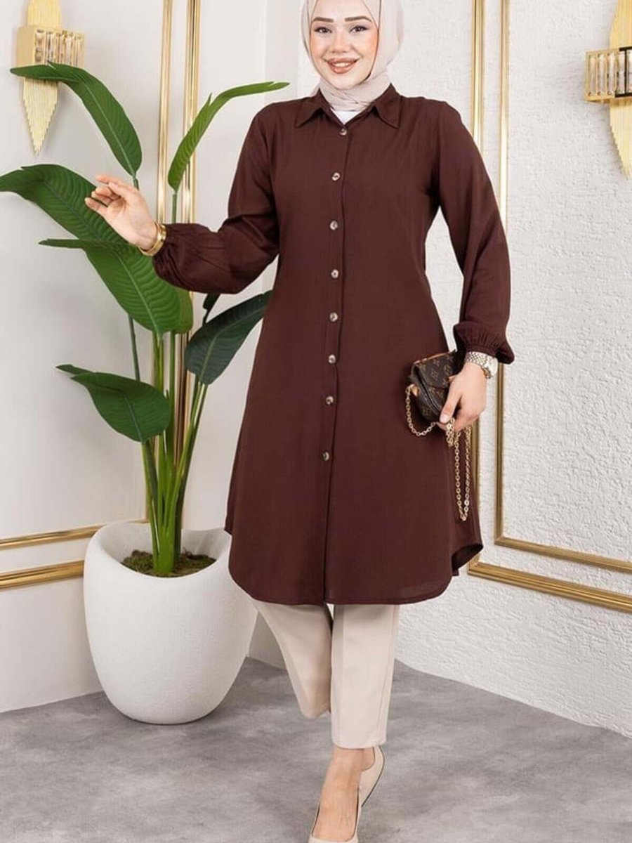 Mec Fashion Kahverengi Manşeti Lastikli Viskon Tunik