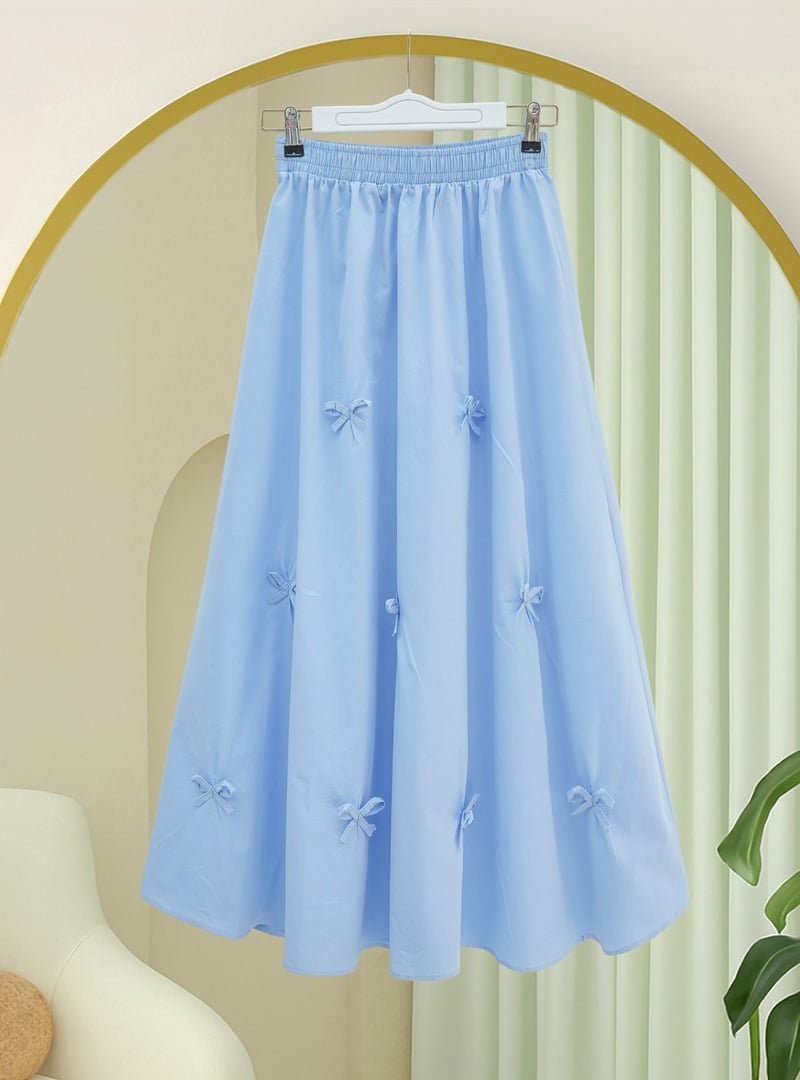 Podyumplus Bebe Mavi Beli Lastikli Fiyonk Detaylı Poplin Etek