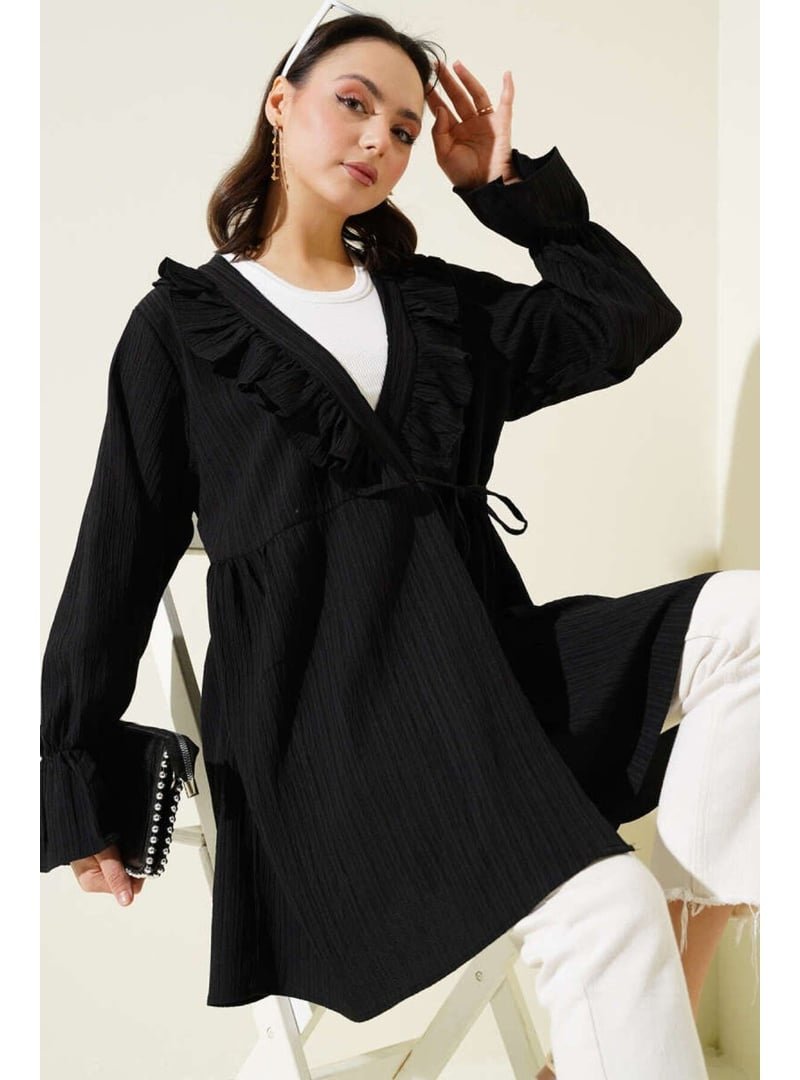 Volt Clothing Siyah Fırfırlı Bağlamalı Kimono
