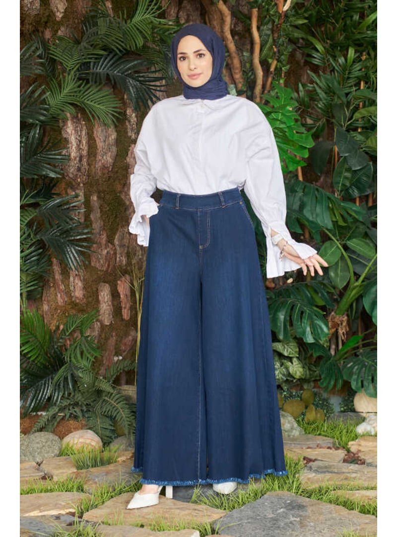 Neways Lacivert Denim Bol Paça Pantolon Etek
