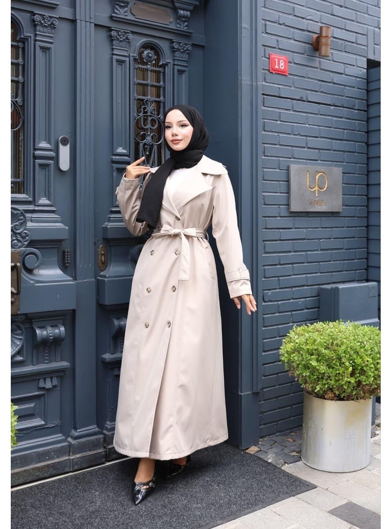 Harmatime butik Kuşaklı Çift Düğmeli Astarlı Bondit Vizon Trençkot